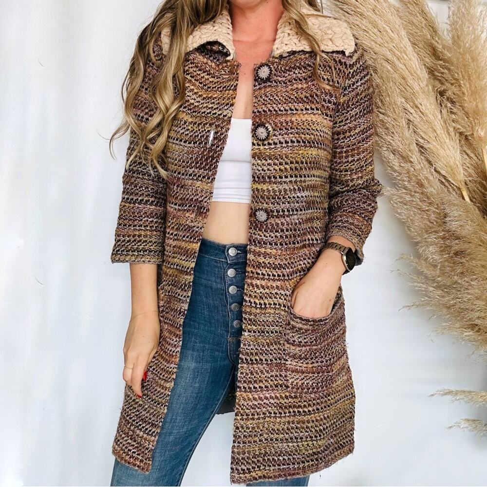 ANTHROPOLOGIE CHARLIE ROBIN Otono Beige Knit Button Duster Cardi Sweater Coat XS